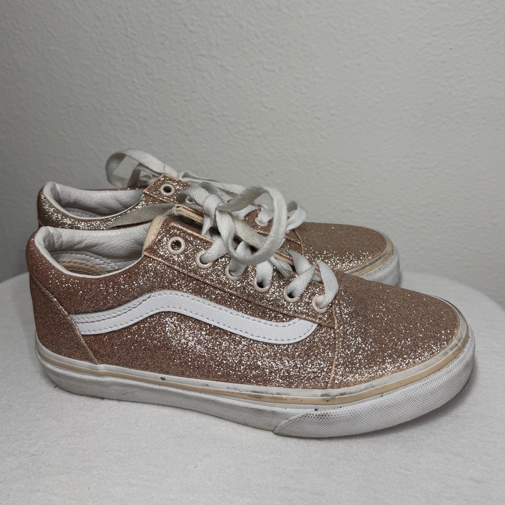 Vans Old Skool Girl’s Rose Gold Pink Glitter White Lace Up Sneakers Size 3
